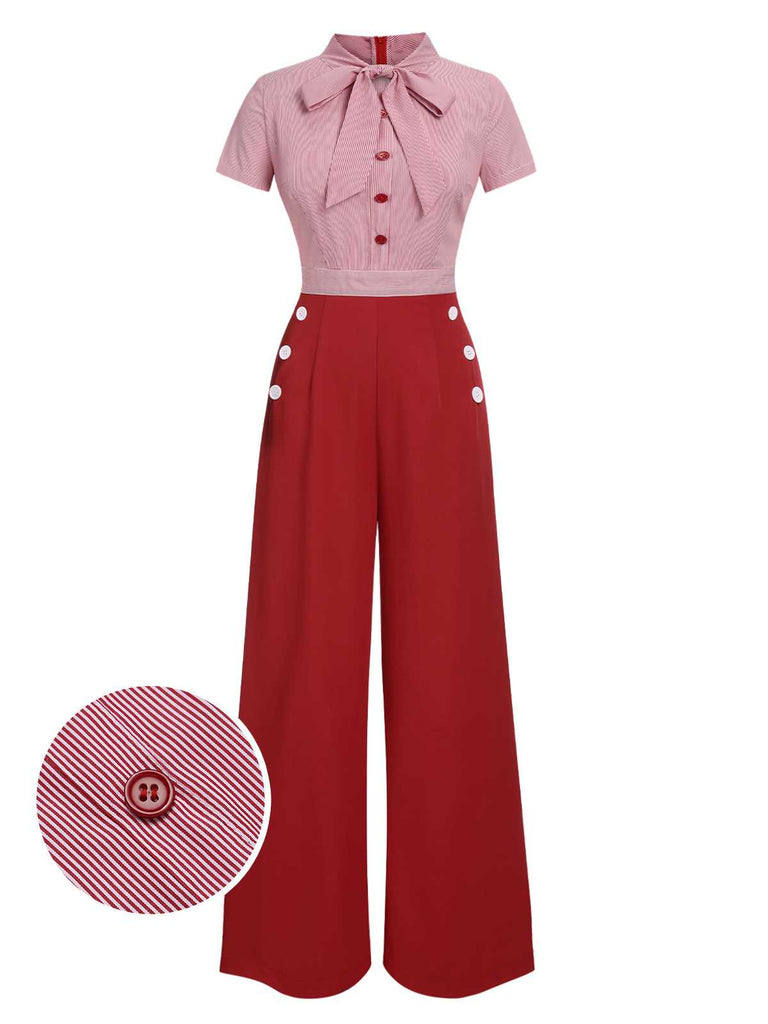 Red 1940s Tie Neck Stripes Jumpsuit