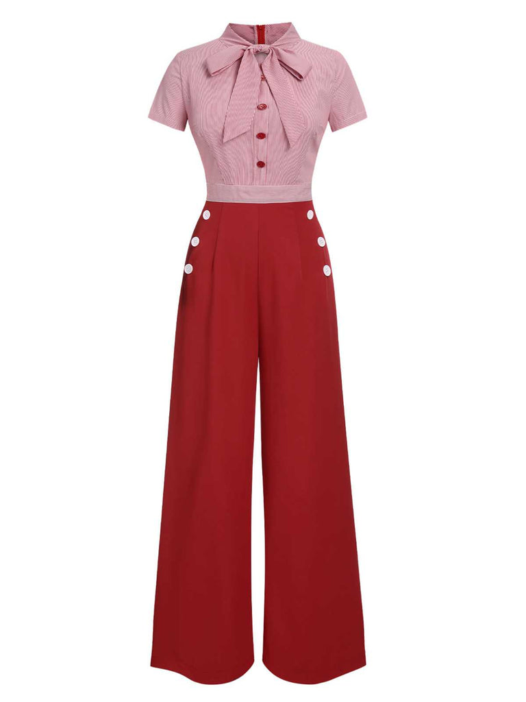 Red 1940s Tie Neck Stripes Jumpsuit