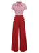 Red 1940s Tie Neck Stripes Jumpsuit