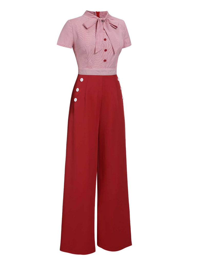 Red 1940s Tie Neck Stripes Jumpsuit