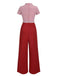 Red 1940s Tie Neck Stripes Jumpsuit