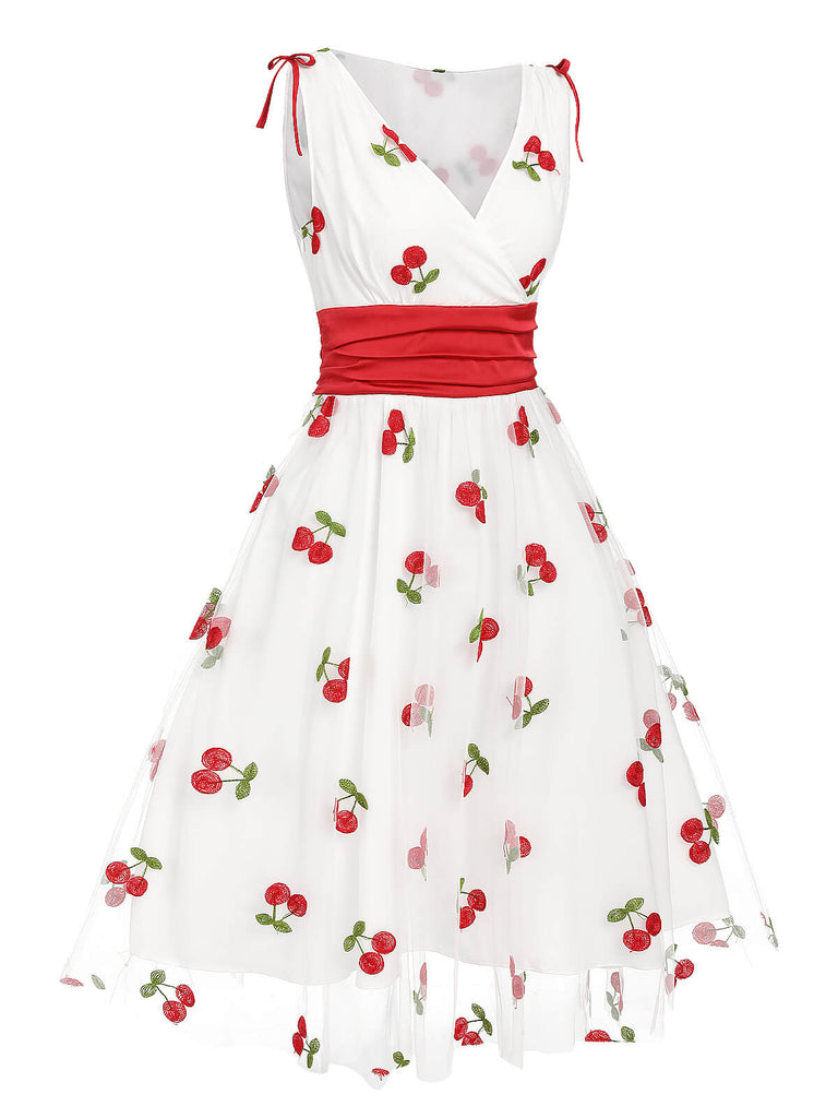 [Pre-Sale] White 1950s Embroidered Cherry Mesh Dress