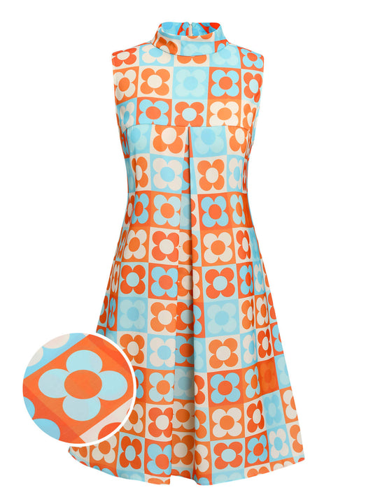 Orange & Blue 1960s Floral Stand Collar Dress