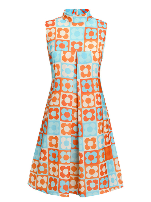 Orange & Blue 1960s Floral Stand Collar Dress