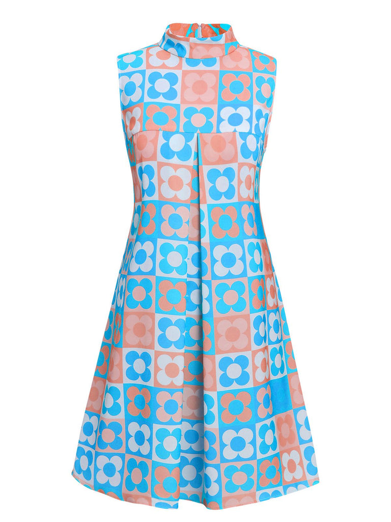 Blue 1960s Floral Stand Collar Dress