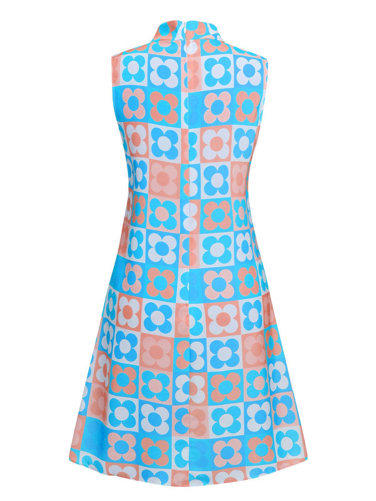 Blue 1960s Floral Stand Collar Dress