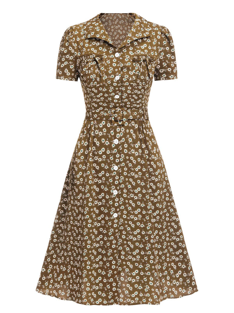 [Pre-Sale] Brown 1940s Lapel Buttons Ditsy Floral Dress