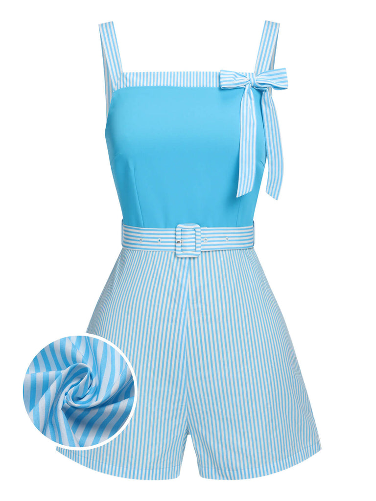 Light Blue 1940s Stripe Wide Straps Romper