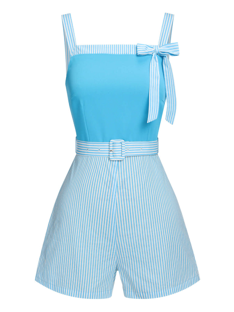 Light Blue 1940s Stripe Wide Straps Romper