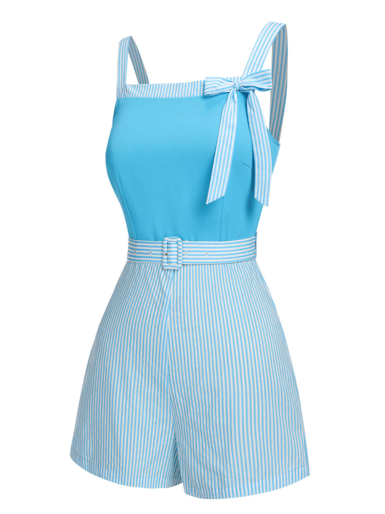 Light Blue 1940s Stripe Wide Straps Romper