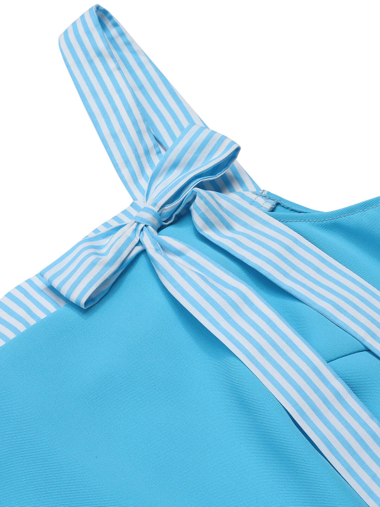 Light Blue 1940s Stripe Wide Straps Romper