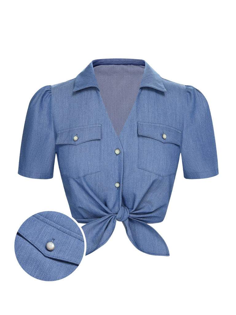 Blue 1950s Solid Waist Tie Lapel Blouse