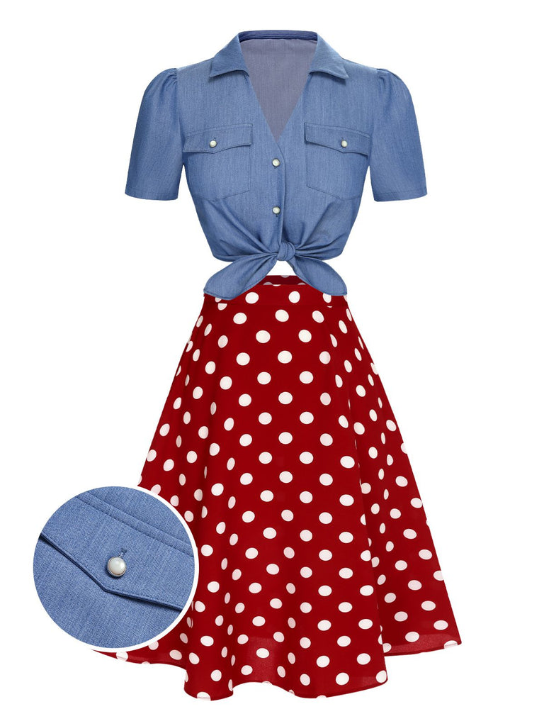 2PCS 1950s Solid Blouse & Polka Dot Skirt