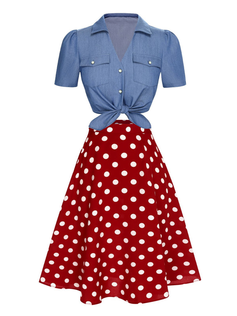 2PCS 1950s Solid Blouse & Polka Dot Skirt