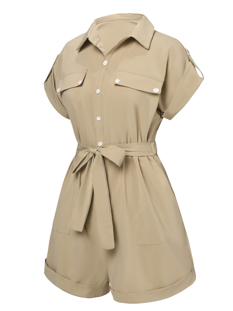 Khaki 1950s Rolled Cuff Lapel Romper