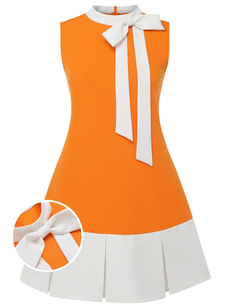 [Plus Size] Orange 1960s Bow Patchwork Sleeveless Dress