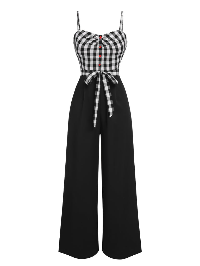 Black 1940s Plaid Patchwork Suspender Jumpsuit