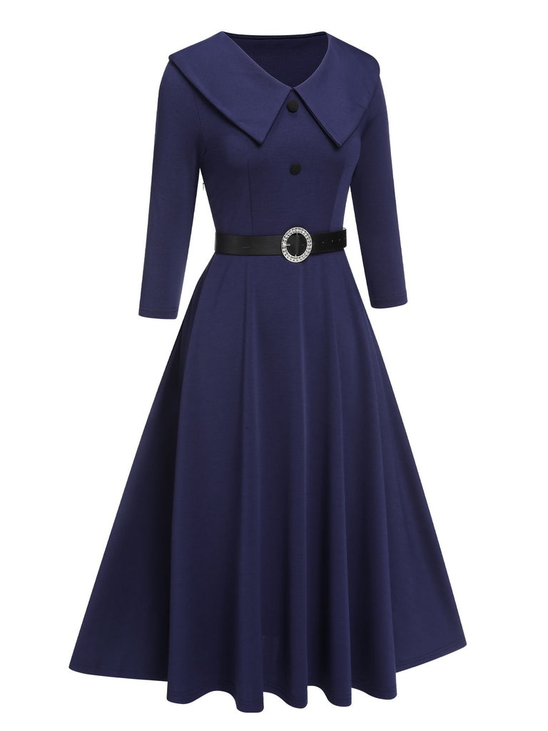 Dark Blue 1950s Solid Lapel Dress with Belt