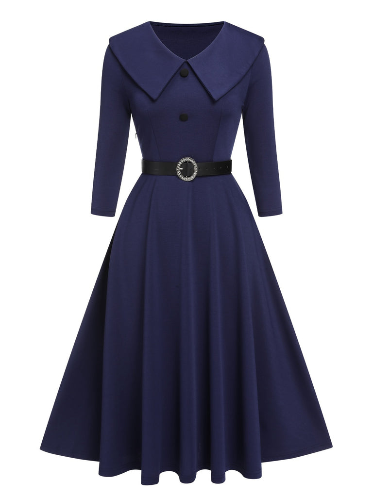 Dark Blue 1950s Solid Lapel Dress with Belt