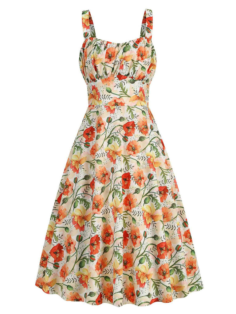 1950s Botanical Print Strap High Waist Dress