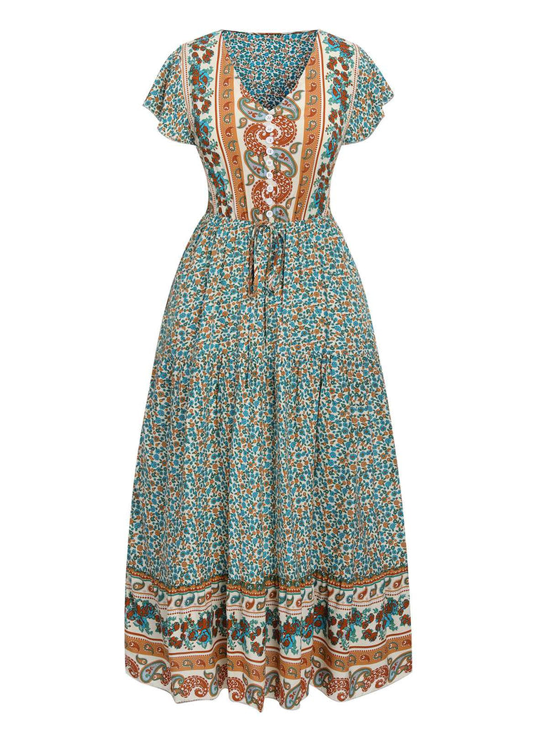 Green 1940s Cap Sleeve Bohemian Dress