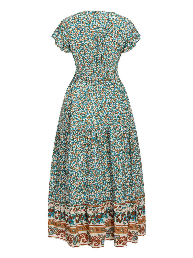 Green 1940s Cap Sleeve Bohemian Dress