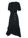 Black 1940s V-Neck Irregular Hem Button Dress