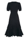 Black 1940s V-Neck Irregular Hem Button Dress