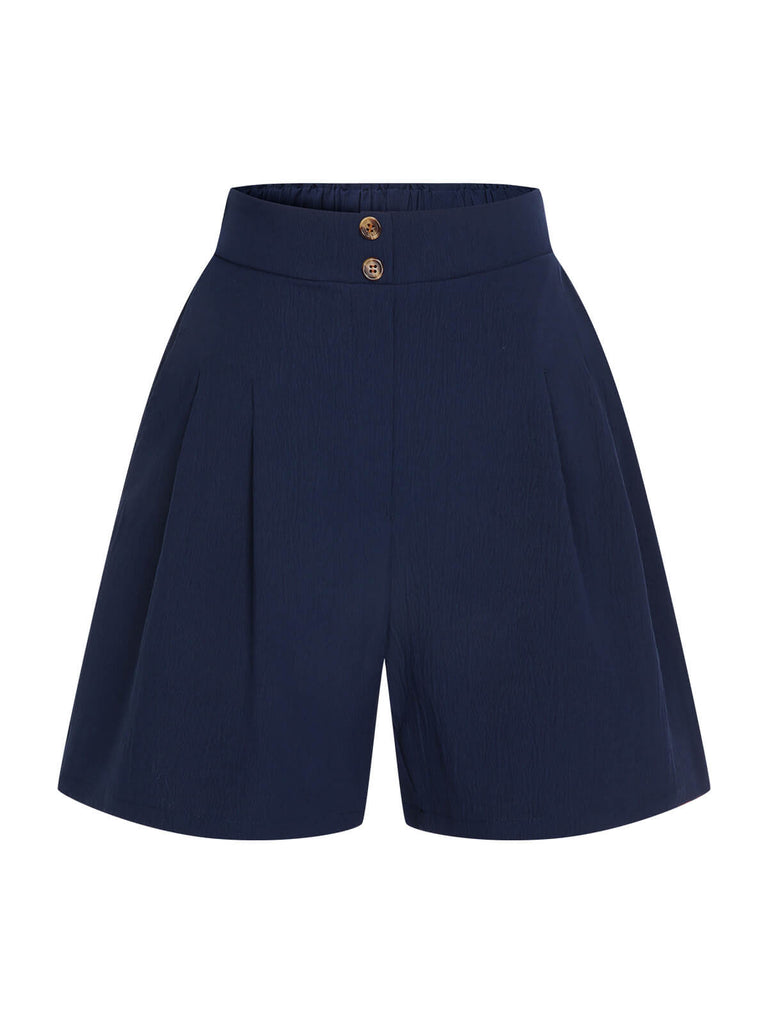 Dark Blue 1940s Solid Pleated Shorts