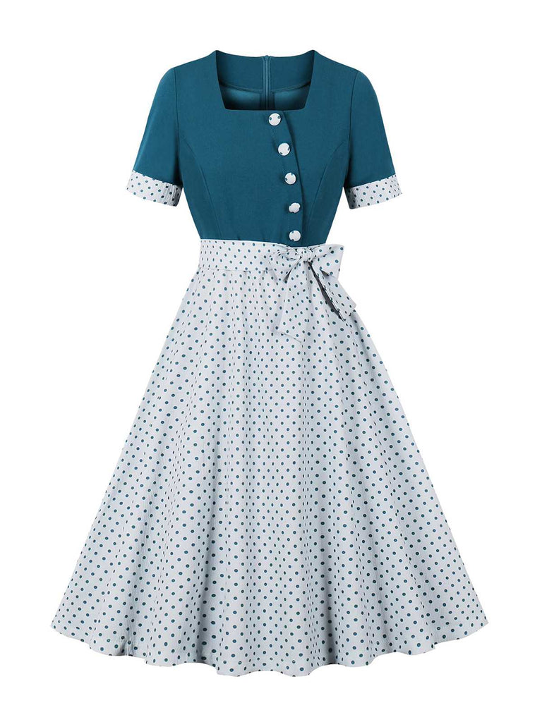 1950s Square Neck Polka Dots Bow Dress