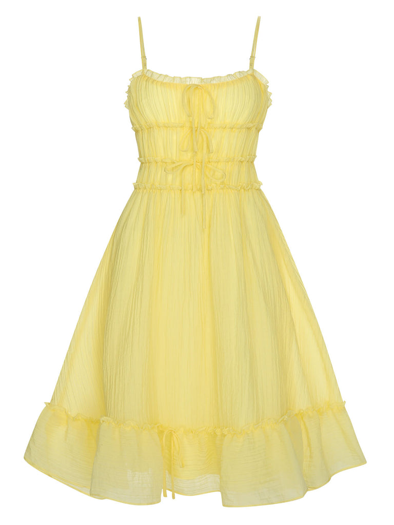 Yellow 1940s Spaghetti Strap Ruffle Hem Dress