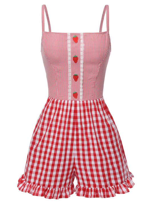 Red 1950s Strawberry Plaid Suspender Romper