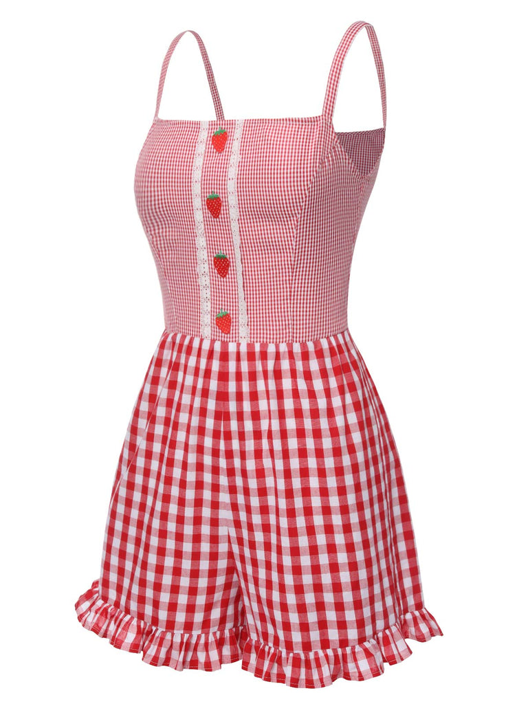 [Pre-Sale] Red 1950s Strawberry Plaid Suspender Romper