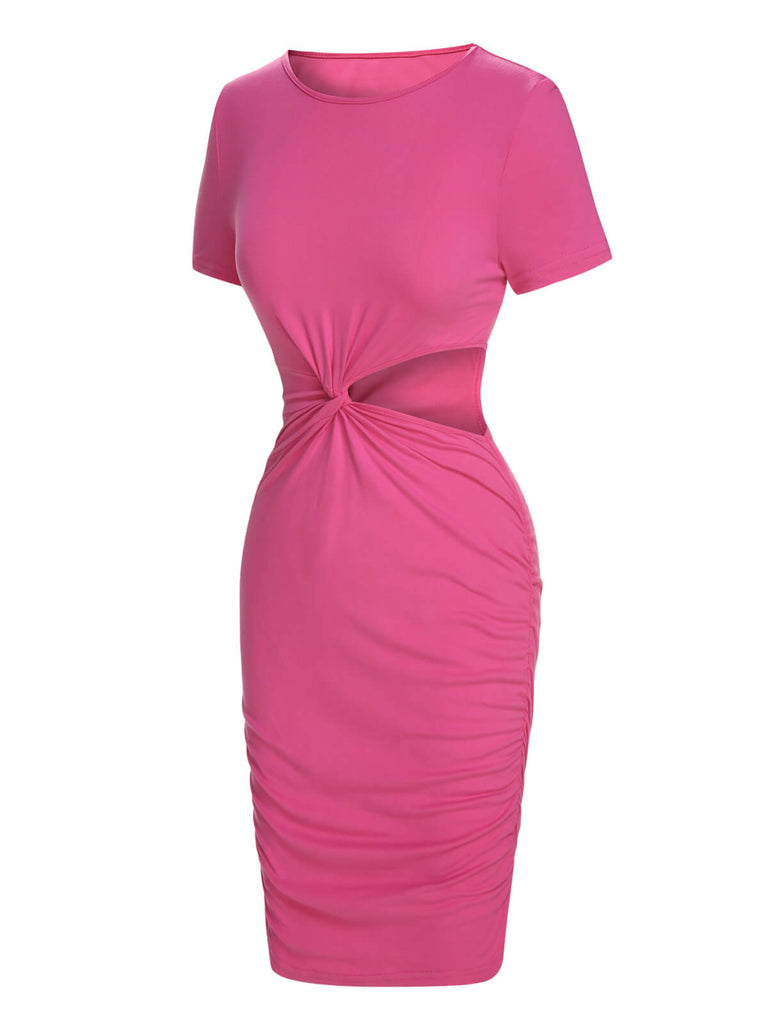 Pink 1970s Solid Waist Hollow Pencil Dress