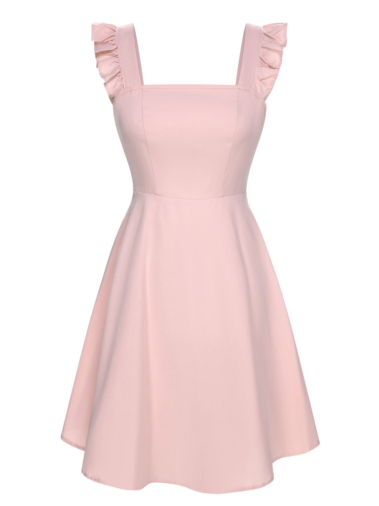 Pink 1950s Solid Ruffle Sleeveless Dress