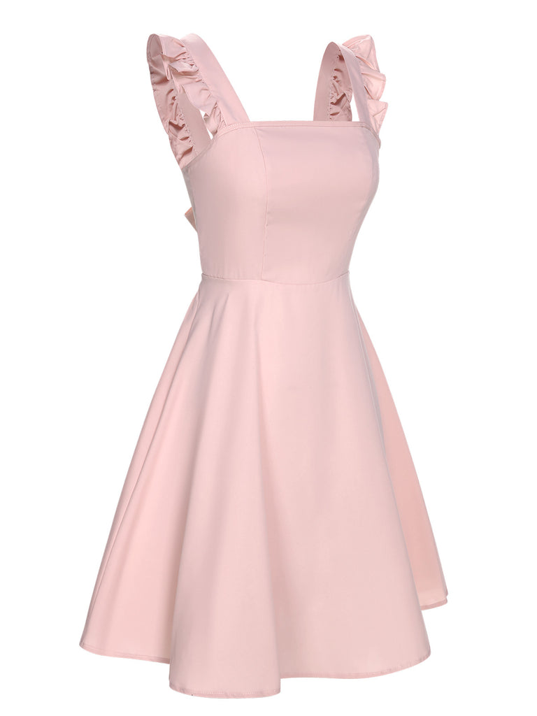 Pink 1950s Solid Ruffle Sleeveless Dress