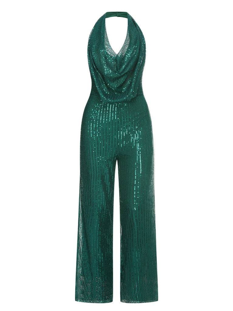 Dark Green 1930s Cowl Neck Sequined Jumpsuit
