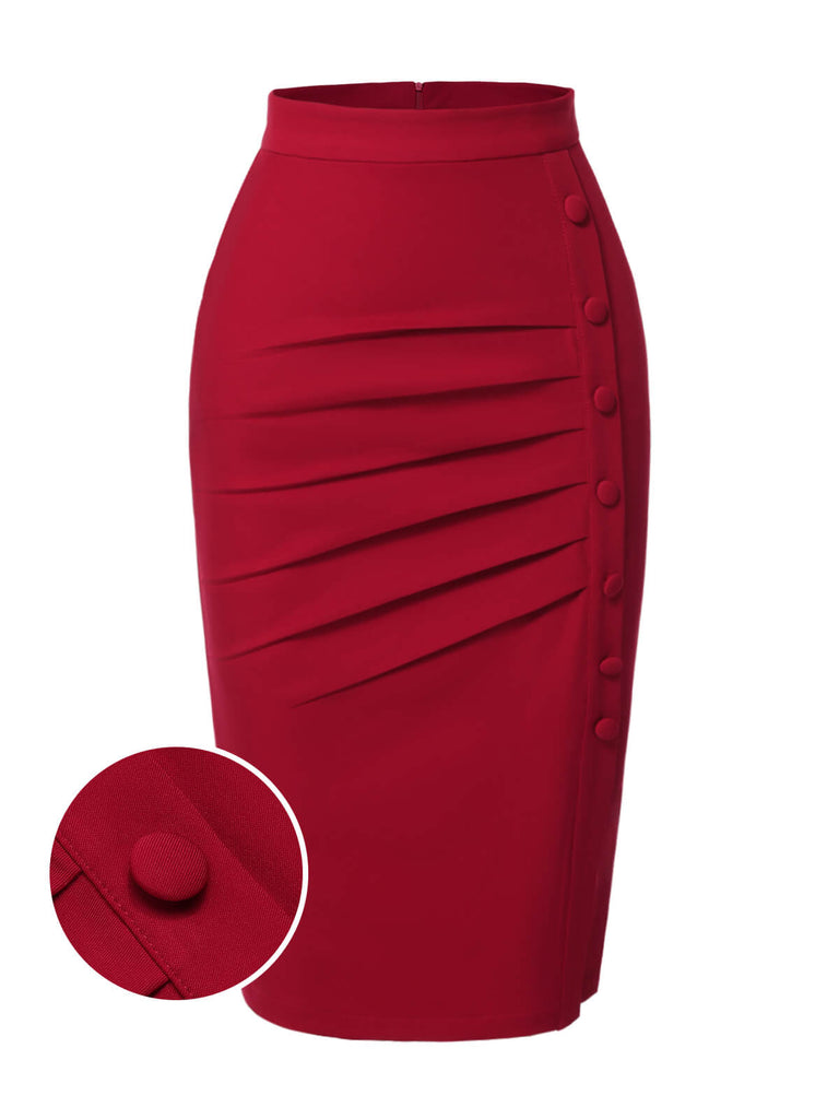 [Pre-Sale] Red 1940s Pleated Button Pencil Skirt