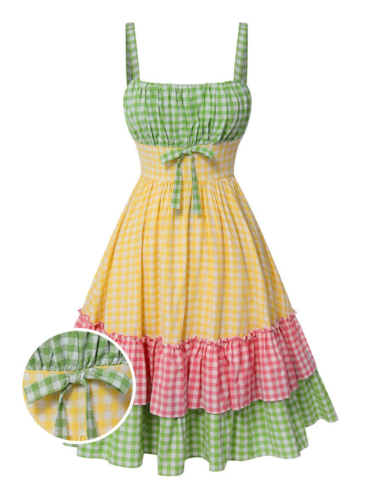 Multicolor 1950s Spaghetti Straps Plaid Patchwork Dress