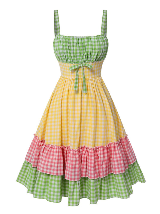 Multicolor 1950s Spaghetti Straps Plaid Patchwork Dress