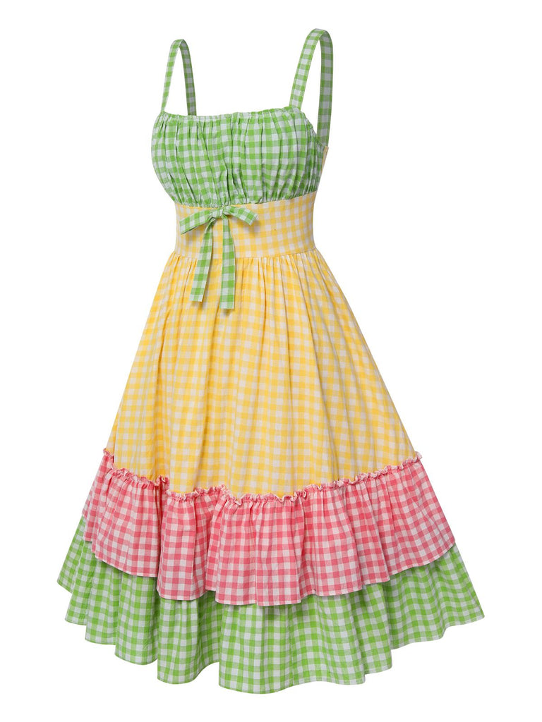 Multicolor 1950s Spaghetti Straps Plaid Patchwork Dress