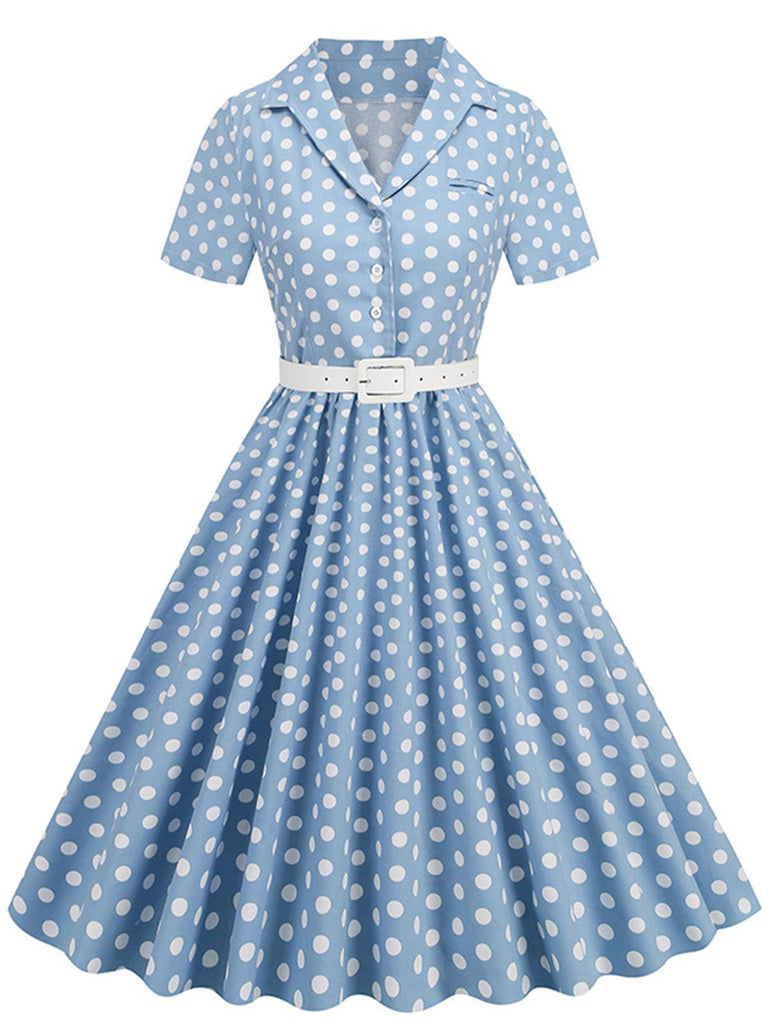 1950s Polka Dots Lapel Belted Dress