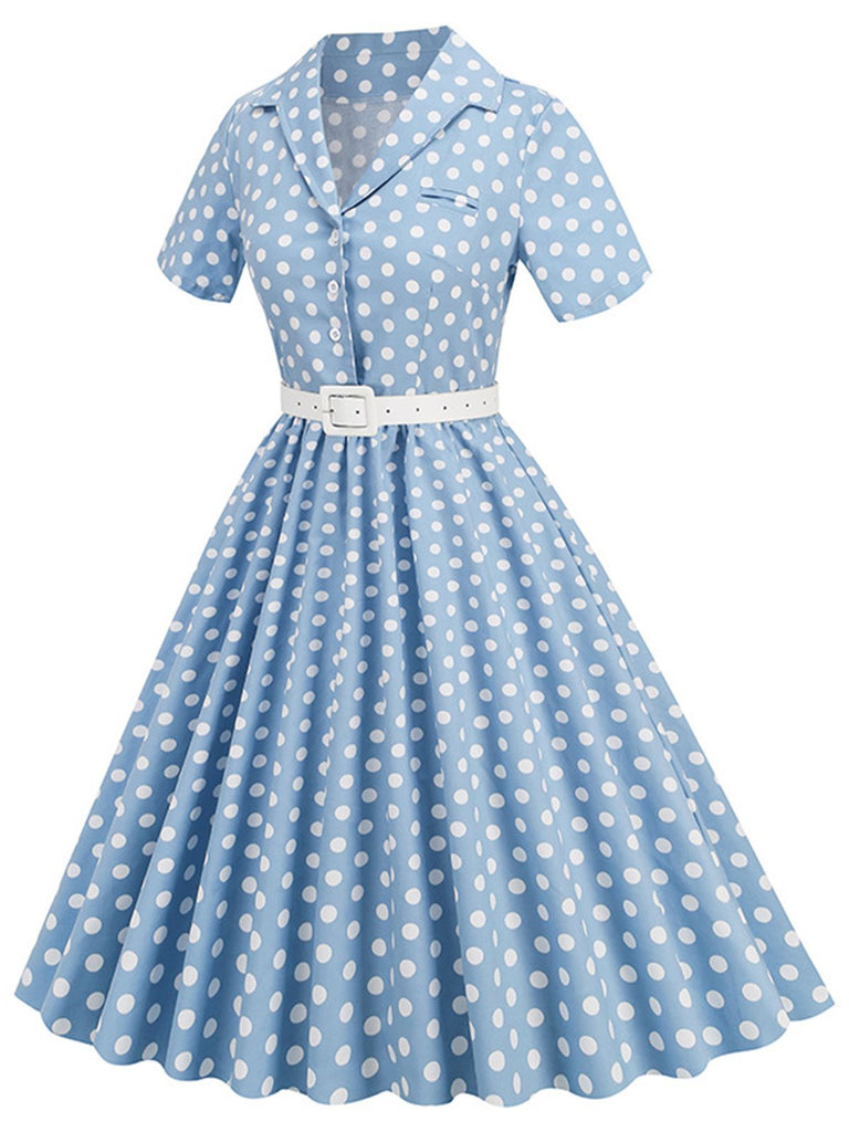 1950s Polka Dots Lapel Belted Dress