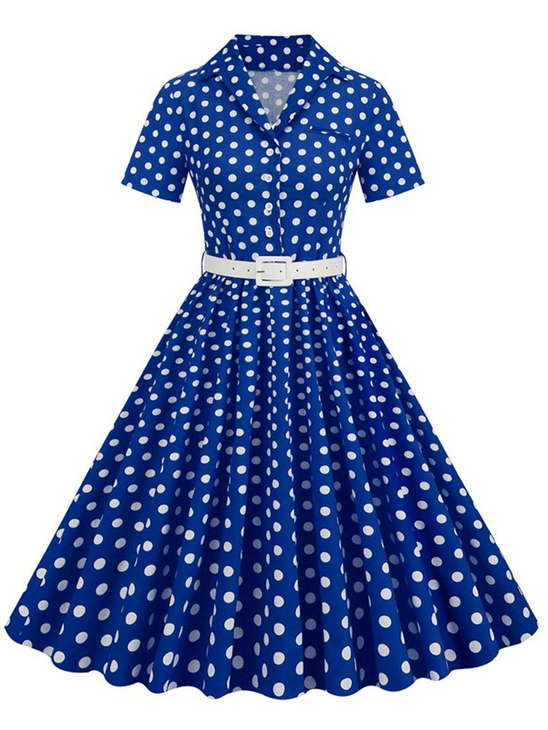 1950s Polka Dots Lapel Belted Dress