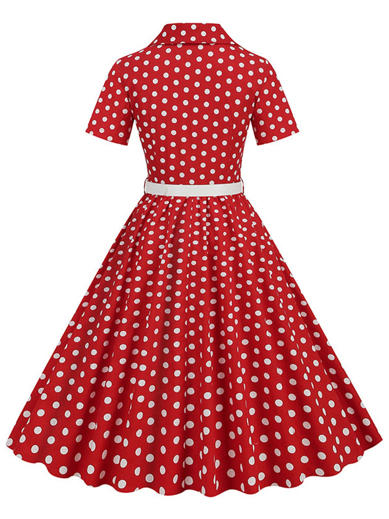 1950s Polka Dots Lapel Belted Dress