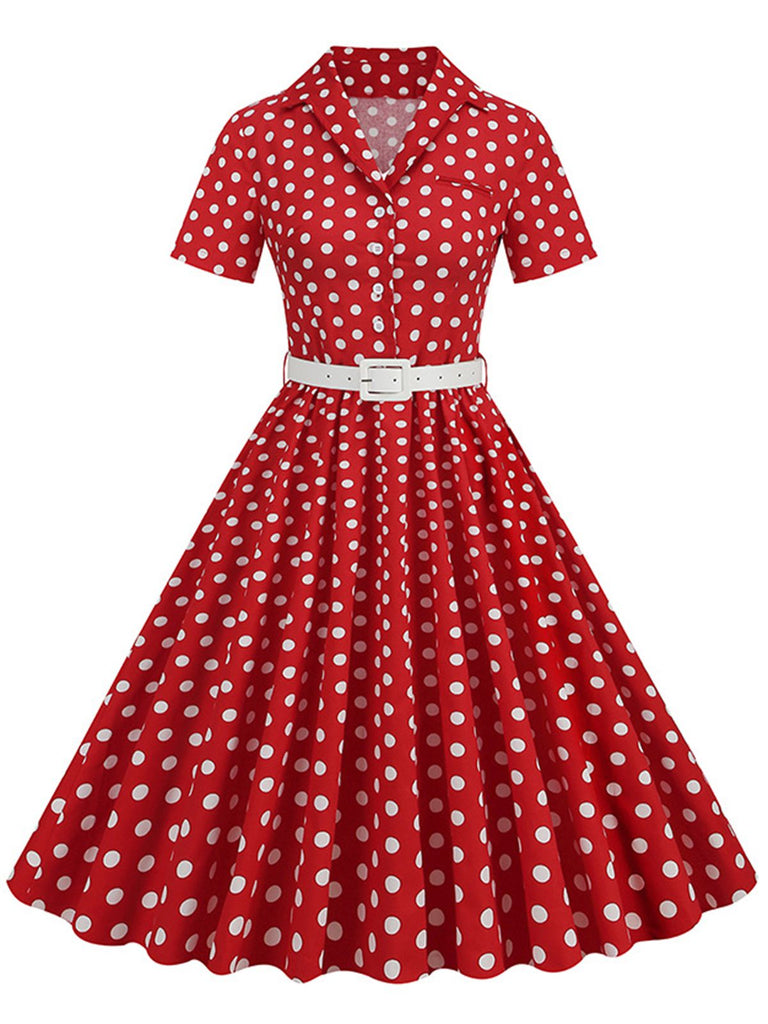 1950s Polka Dots Lapel Belted Dress