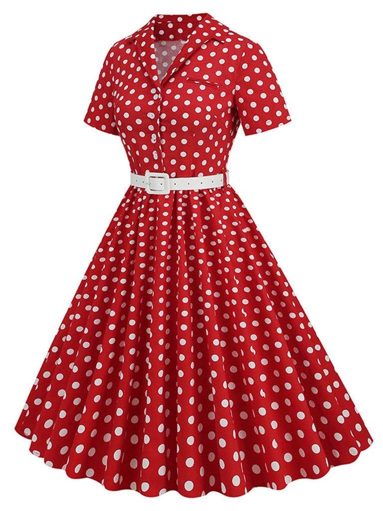 1950s Polka Dots Lapel Belted Dress