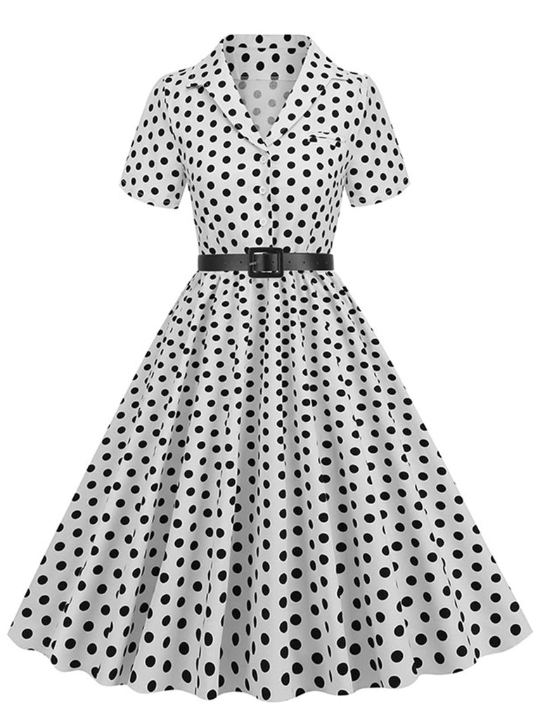 1950s Polka Dots Lapel Belted Dress