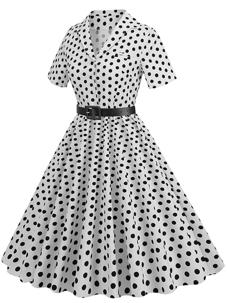 1950s Polka Dots Lapel Belted Dress