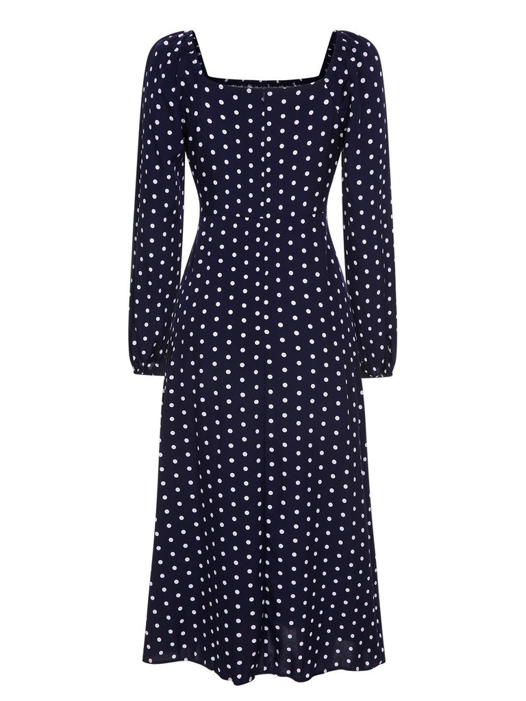 Blue 1940s Lantern Sleeve Polka Dots Dress